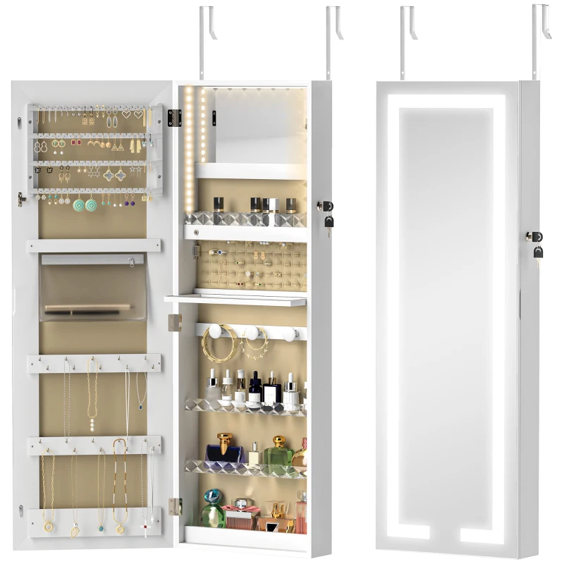 HOMCOM Armadietto Portagioie da Parete o Porta con Specchio Interno e Luci LED, con Serratura e Chiave, Tasca con Zip, Bianco
