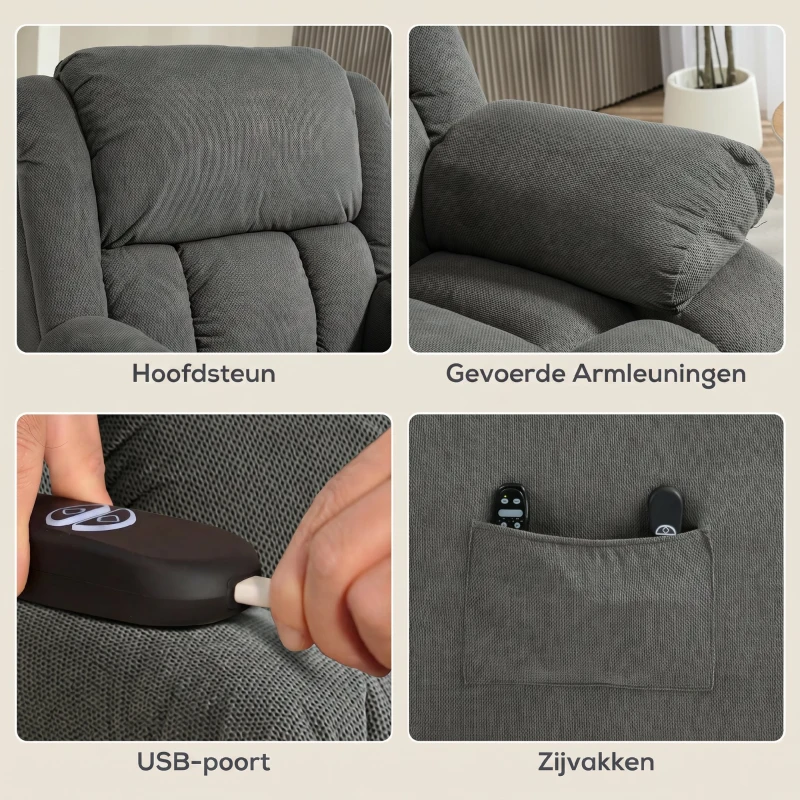 HOMCOM Relaxstoel met Massage- en Warmtefunctie, Elektrische Opsta-Stoel, Afstandsbediening, Zijvakken, Grijs
