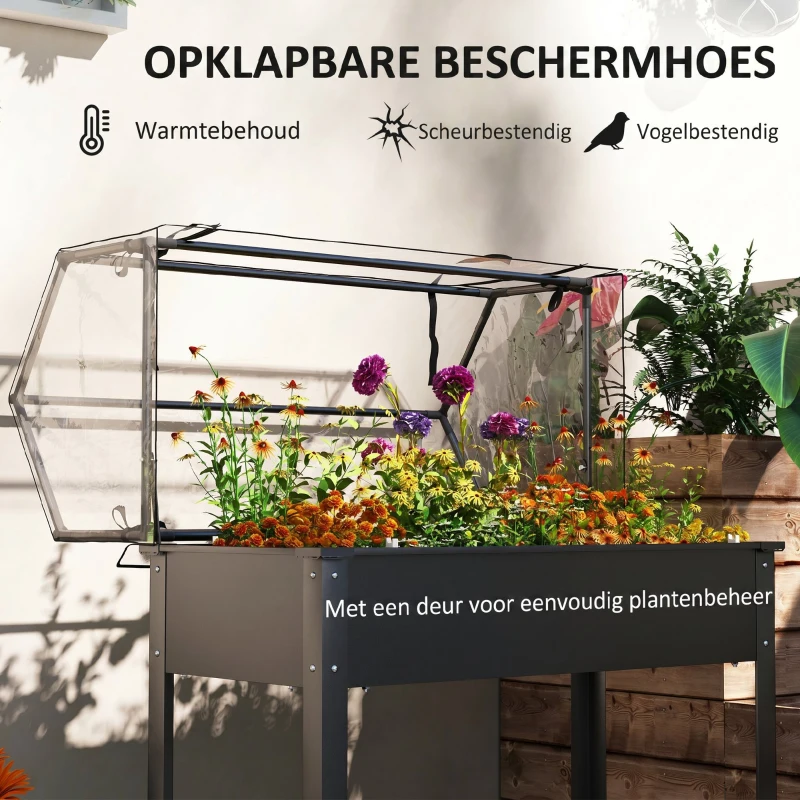 Outsunny Verhoogde Tuinbak met Kasdak, Verhoogde Plantenbak met Afvoergaten, 100 x 48 x 124 cm, Zwart