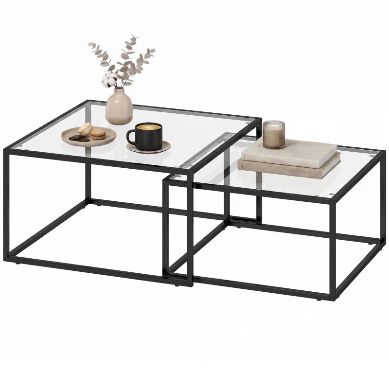 HOMCOM Couchtische 2er-Set Satztisch mit gehärteter Glasplatte und Metallrahmen, für Wohnzimmer Schwarz