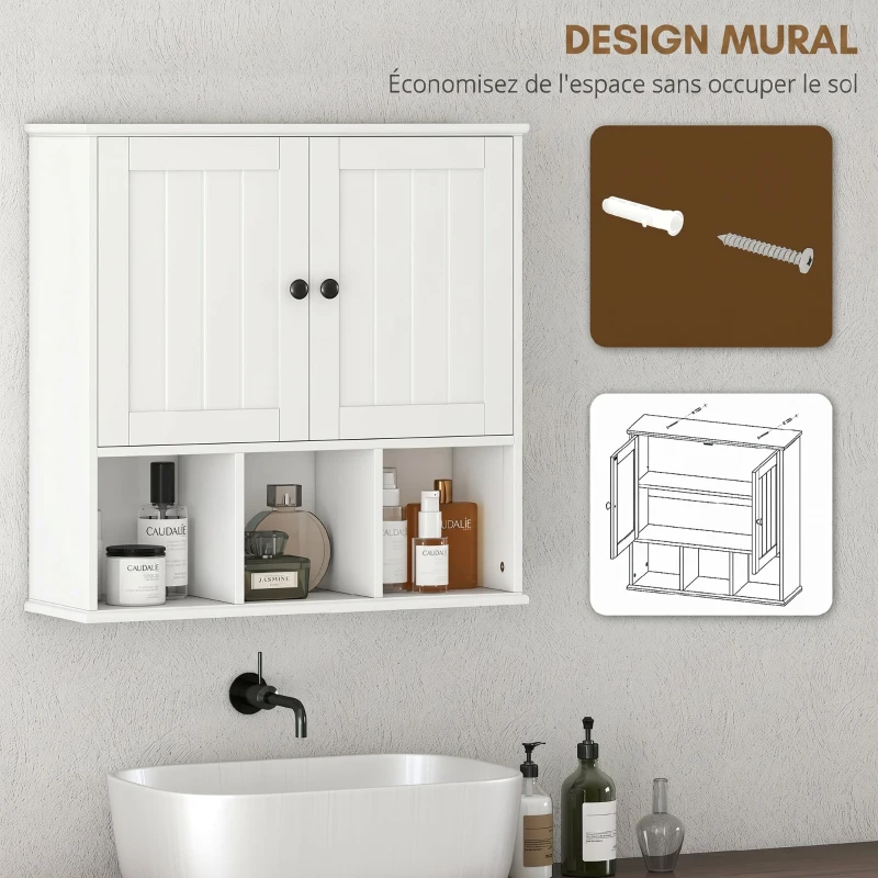 HOMCOM Armoire murale de salle de bain, meuble de rangement avec 2 portes, étagère réglable et compartiments ouverts, blanc