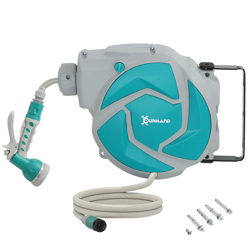 DURHAND Enrouleur Tuyau Arrosage Mural Automatique 10 + 1 m, Pivotant 180°, Buse à 7 Modes, pour Jardin, 28x14x34cm, Vert