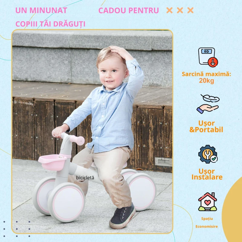 AIYAPLAY Bicicletă de echilibru pentru copii 4 roți șa reglabilă, ghidon ergonomic aliaj aluminiu PP, copii 1-3 ani - Gri Alb Roz