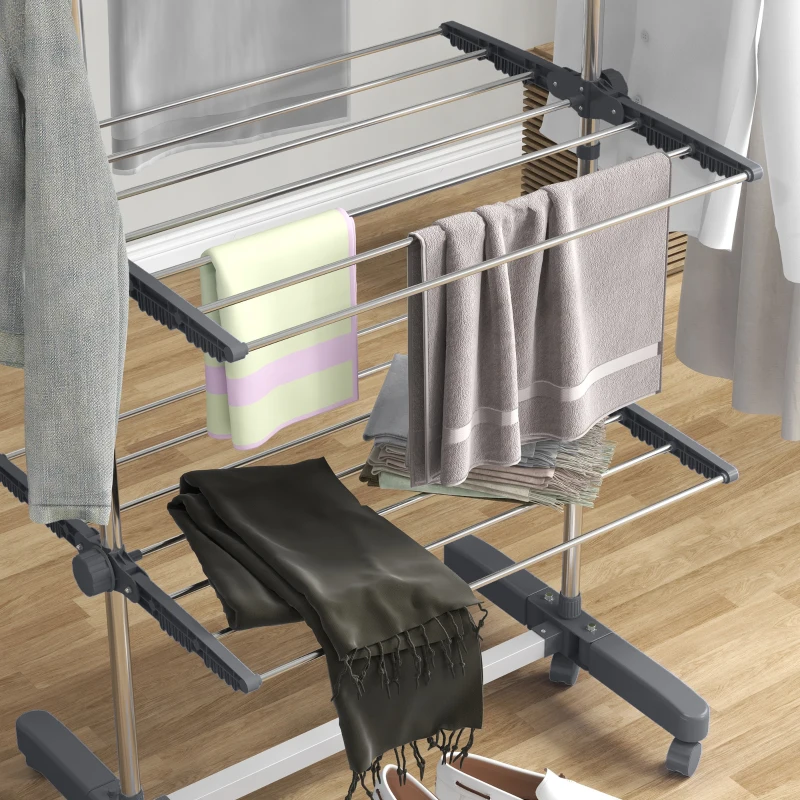 HOMCOM Opvouwbare Wasrek met 5 Niveaus, One-Klik-Systeem, 142 cm x 55 cm x 172 cm, Grijs + Zilver