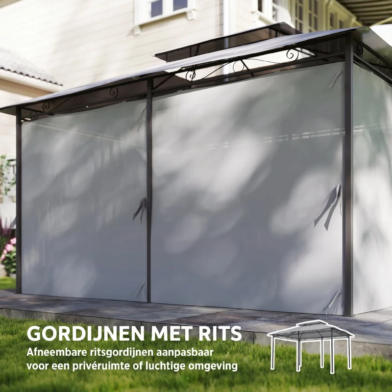 Outsunny Tuinpaviljoen, Outdoor Paviljoen met Gordijnen, Geventileerd Dak, Donkergrijs