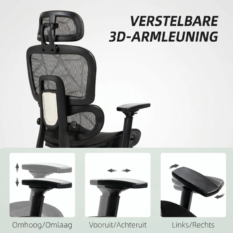 HOMCOM Bureaustoel, Ergonomische Bureaustoel met Mesh Bekleding, Verstelbaar, Rolbaar, met Armleuningen, Hoofdsteun, Zwart(m-7)