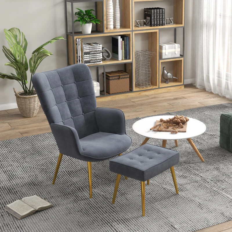 HOMCOM Fauteuil avec repose-pied, fauteuil salon capitonné avec dossier haut, pieds en acier doré et tissu velours, gris foncé