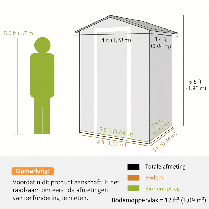 Outsunny Tuinschuur 1,1 m² Opbergschuur met Houtlook Venster Zadeldak Ventilatie Bodem Slot Handschoenen Grijs