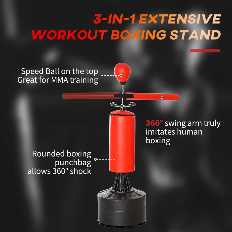 HOMCOM Sac de Box Reglabil pe Înălțime cu Punching Ball și Bază Umplibilă, 88x48x155-205 cm, Roșu și Negru