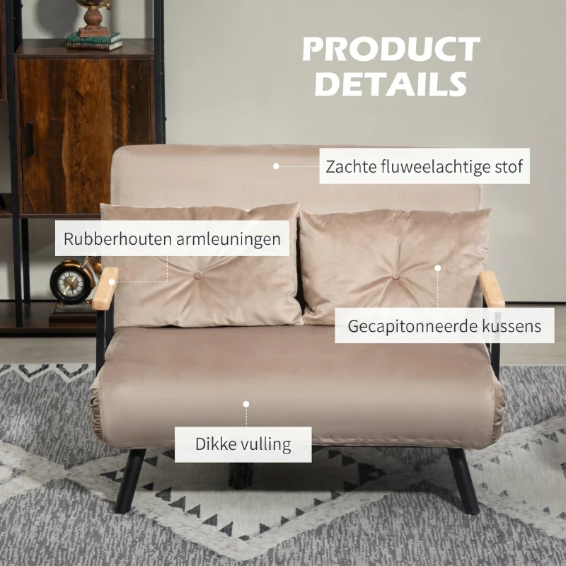 HOMCOM Slaapfauteuil met houten armleuningen, metalen frame, tot 120 kg voor kamer en slaapkamer voor gezinshuis, lichtbruin(m-6)
