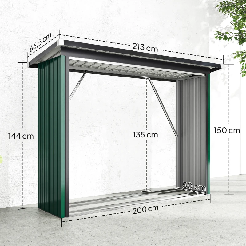 Outsunny Abri-bûches Couvert Support pour Bois de Chauffage Plancher Surélevé Toit Incliné, Acier Galvanisé 213x66,5x150cm Vert