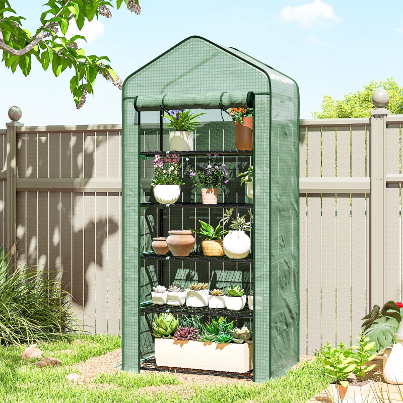 Outsunny 5 Tier Widened Mini Greenhouse with Reinforced PE Cover, Portable Indoor Outdoor Green House with Roll-up Door and Wire Shelves, 90 x 49 x 193cm, Green