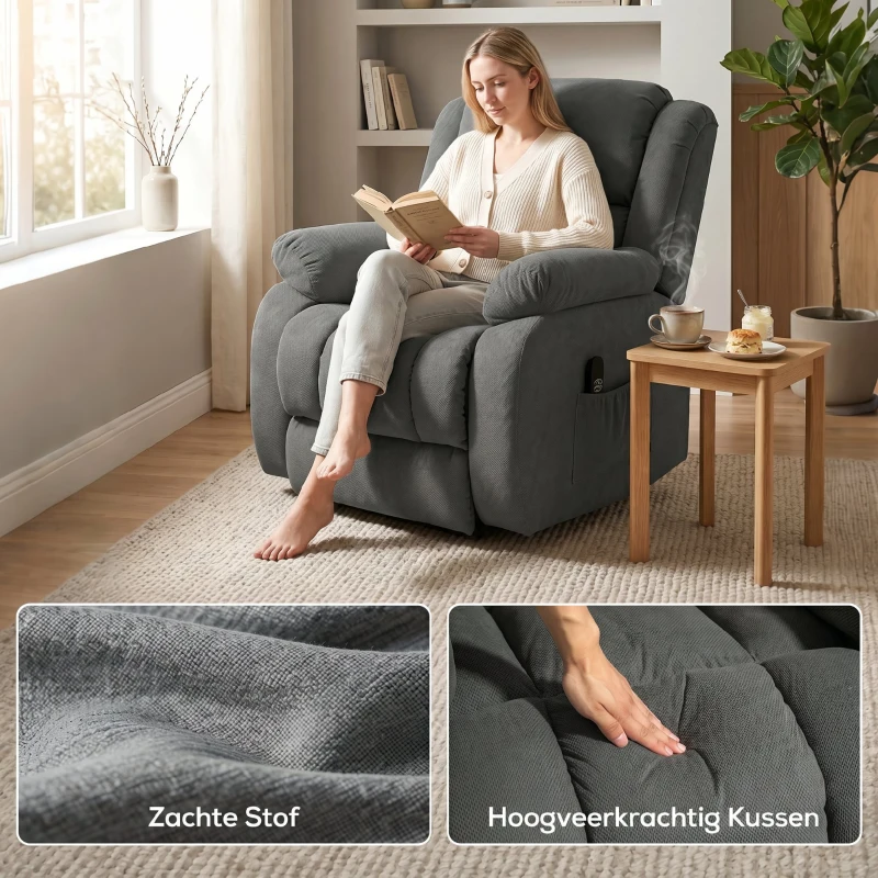 HOMCOM Relaxstoel met Massage- en Warmtefunctie, Elektrische Opsta-Stoel, Afstandsbediening, Zijvakken, Grijs
