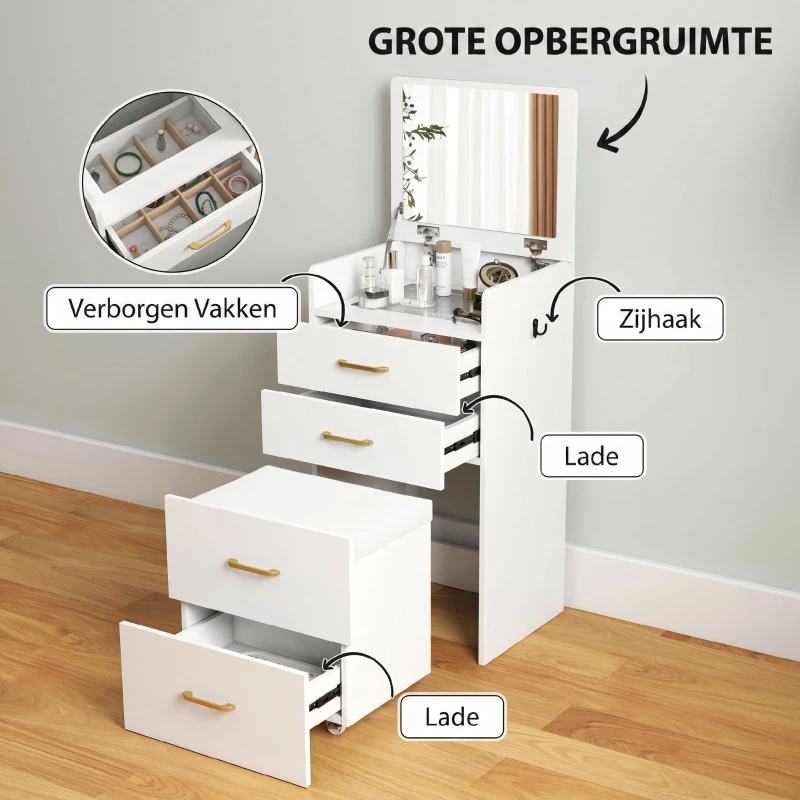 HOMCOM 3-in-1 Make-uptafel met Spiegel, Nachtkastje, Rollende Kruk, Lades, Wit(m-5)