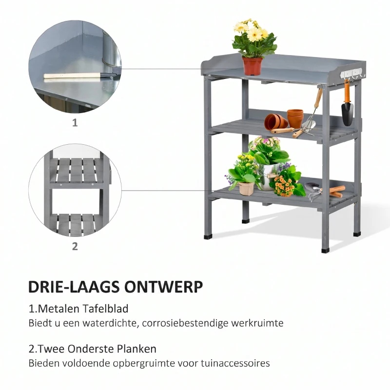 Outsunny planttafel tuintafel bloementafel met metalen werkblad tuinhout grijs 76 x 37 x 89 cm