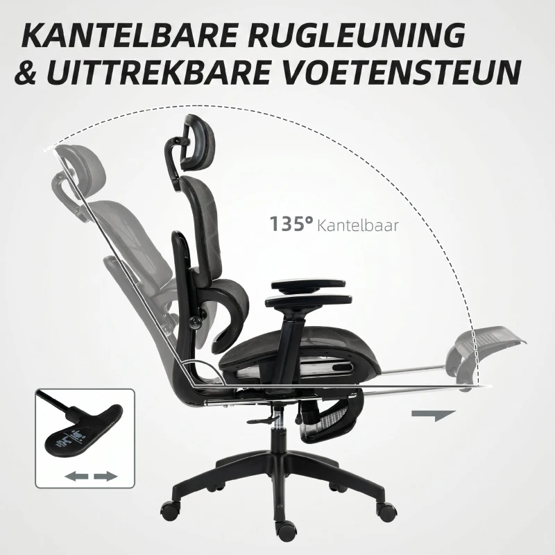 HOMCOM Bureaustoel, Ergonomische Bureaustoel met Mesh Bekleding, Verstelbaar, Rolbaar, met Armleuningen, Hoofdsteun, Zwart(m-6)