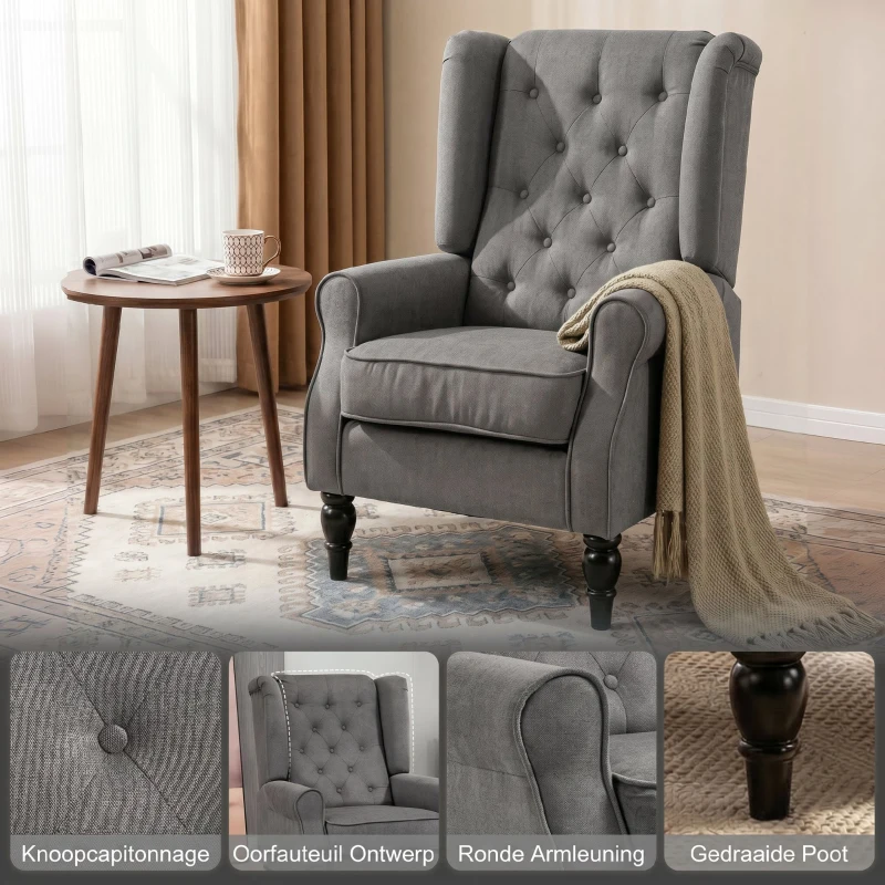 HOMCOM Elegante Oorfauteuil, Dik Gepolsterd, Afneembare Hoes, 74 x 86 x 102 cm, grijs+zwart(m-4)