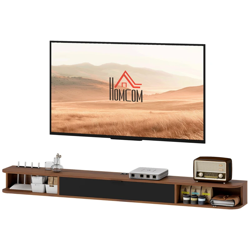 HOMCOM Mueble TV Suspendido para Televisor de hasta 190,5 cm con Cajón Abatible 2 Estantes 180x24x16 cm Nogal