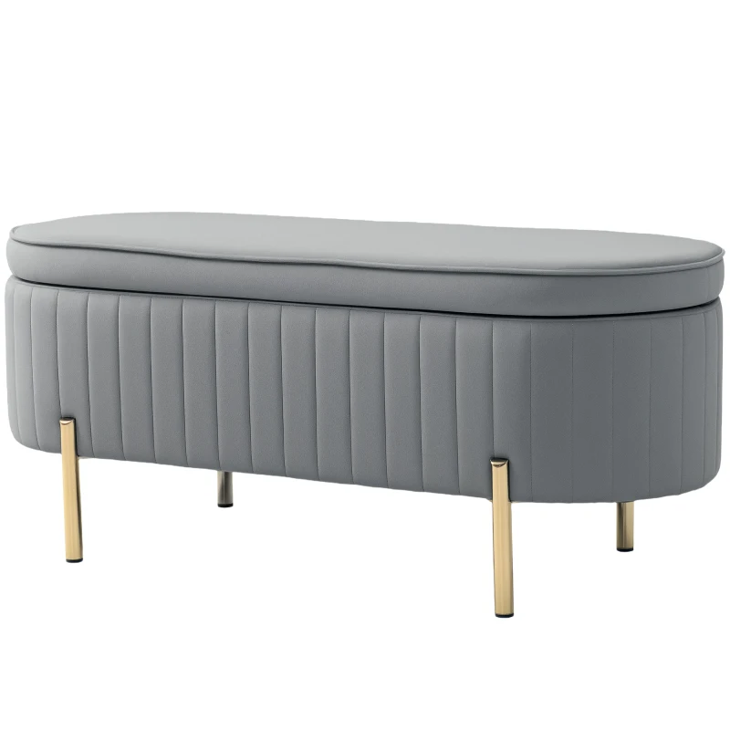 HOMCOM Bancă de Depozitare Ovală 72L cu Capac Rabatabil, din Catifea și Lemn, 108x44x43.5 cm, Gri