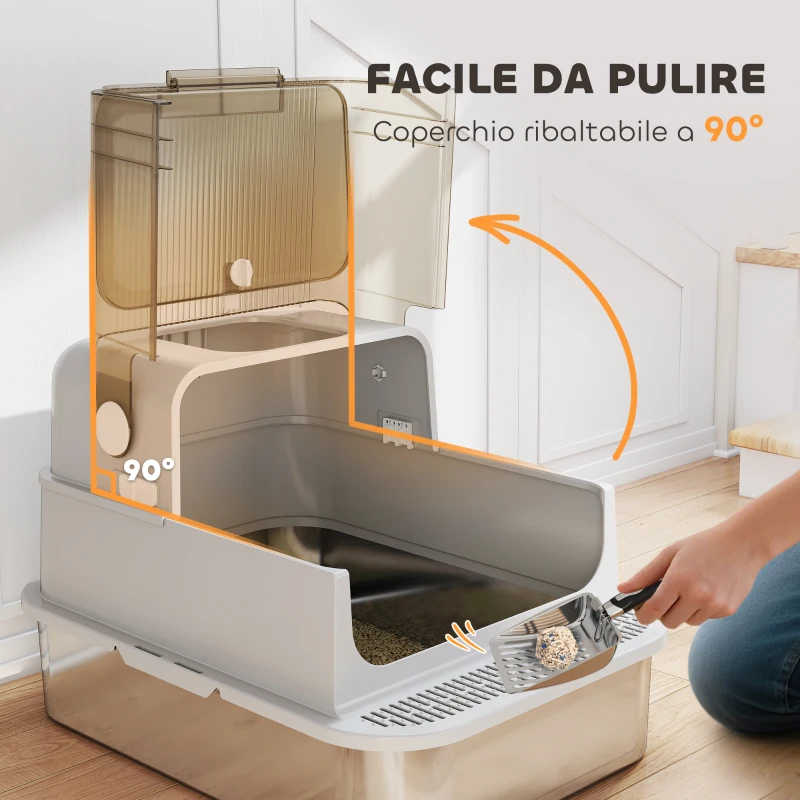 PawHut Lettiera per Gatti Chiusa XXL in Acciaio Inox, Coperchio Apribile a 90° e Doppie Porte, 70x50x46.5 cm, Grigio