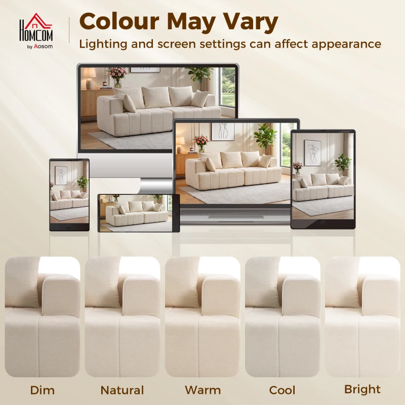 HOMCOM Canapé 3 places en chenille 248 cm, canapé salon moderne, large assise rembourrée, coussins à ressorts, beige