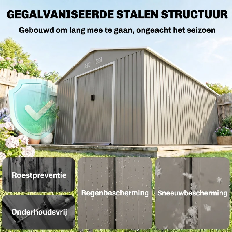 Outsunny Berging, Weerbestendig tuinhuis voor tuingereedschap, met ventilatieramen, schuifdeuren, staal, lichtgrijs(m-4)