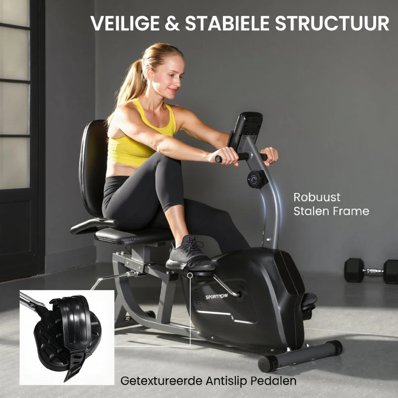 SPORTNOW Hometrainer, magnetische ligfiets, 8 weerstandsniveaus, verstelbaar, LCD-monitor, metaal, kunststof, zwart