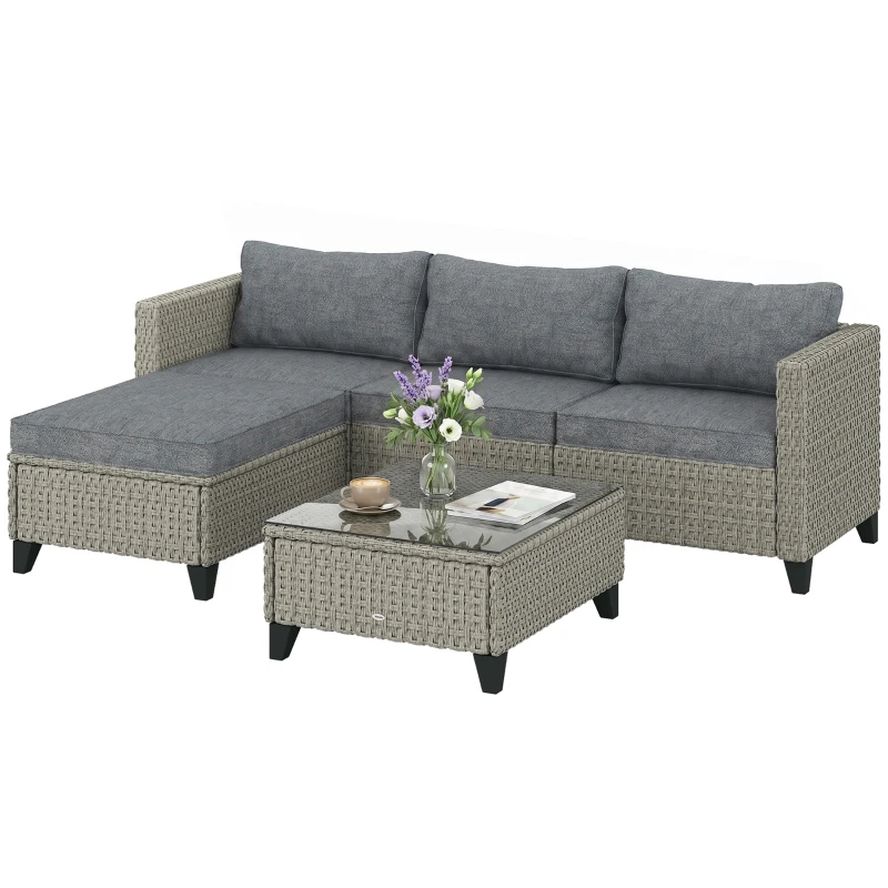 Outsunny 5-Piece Rattan Patio Furniture Set with Corner Sofa, Footstools, Coffee Table, for Poolside, Dark Grey