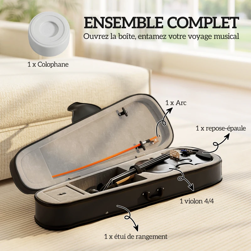 HOMCOM Violon 4/4 Ensemble de Violon en Bois Massif pour Adultes et Débutants avec Étui Léger et Portable 60 x 21 cm Noir