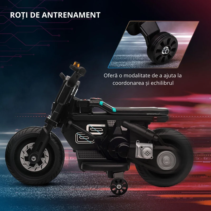 HOMCOM Motocicleta electrica cu roti de antrenament, jucarie in aer liber pentru 3-5 ani - negru