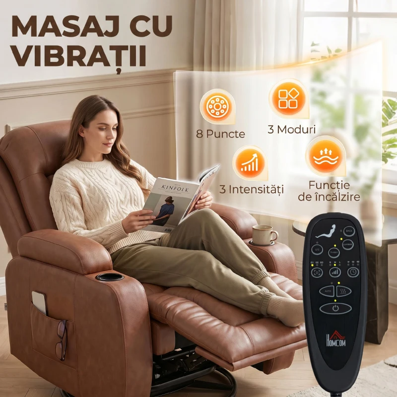 HOMCOM Fotoliu de Masaj Reclinabil Manual 150° cu Încălzire, Telecomandă, Piele PU, Maro Deschis