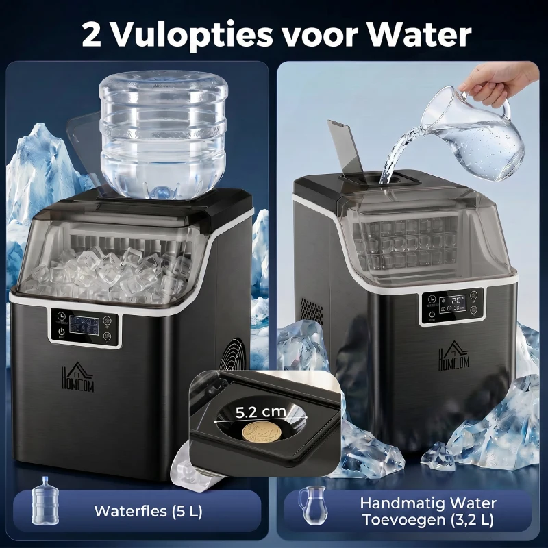 HOMCOM Eisblokjesmachine IJsblokjesdispenser Ice-Maker 20kg/24u 2,3L IJsbereider met 3,2L Watertank, Zwart