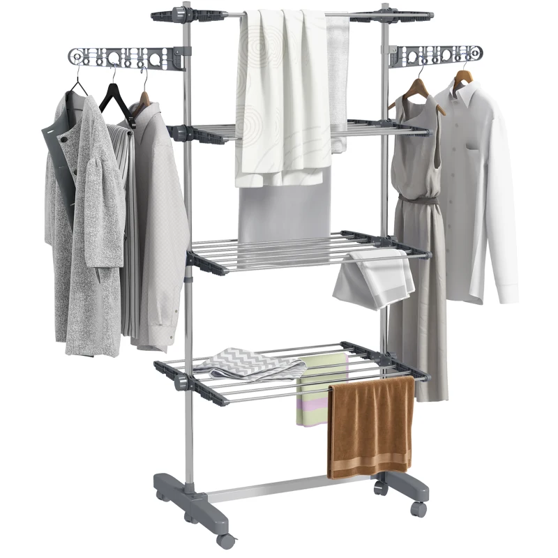 HOMCOM Opvouwbare Wasrek met 5 Niveaus, One-Klik-Systeem, 142 cm x 55 cm x 172 cm, Grijs + Zilver