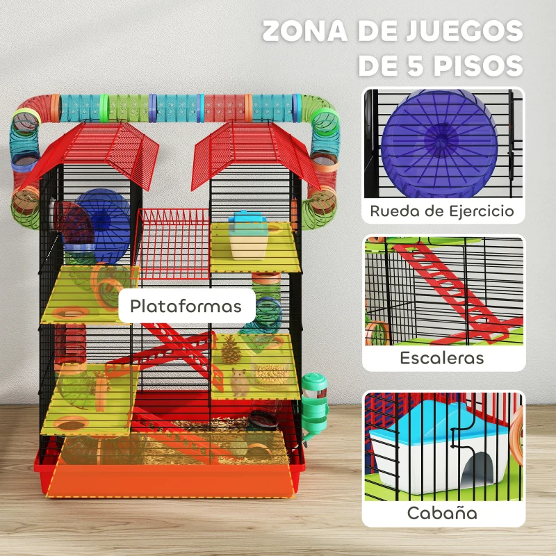PawHut Jaula para Hámster de 5 Niveles 47x30x59 cm con Túnel Comedero Bebedero Casita Rueda de Ejercicio Escaleras Rojo