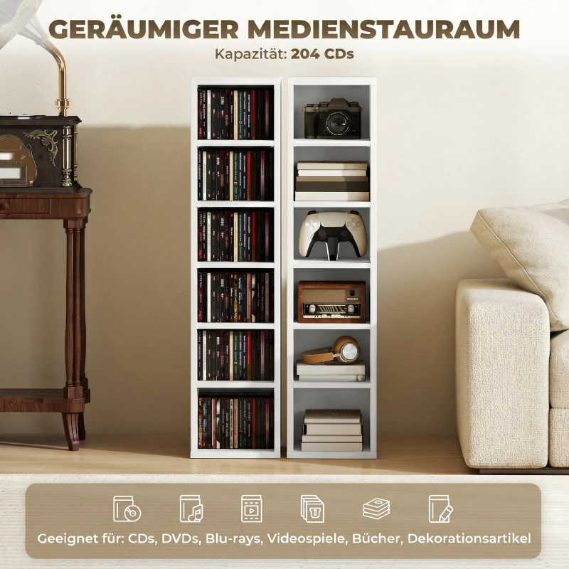 HOMCOM 204 CD-Aufbewahrungsregale im 2er-Set, Blu-Ray-Turmständer mit verstellbaren Regalböden, Bücherregal-Organizer, Weiß