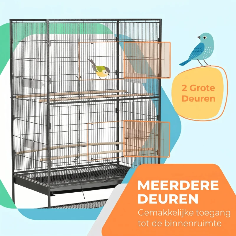 PawHut Vogelkooi inclusief zitstokken, vogelspeelgoed, uitneembare vloerbak, 1 plank, grijs