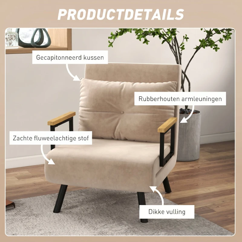 HOMCOM Relaxstoel Ligstoel Fluweelstoel, Ligfunctie, Fluweeloptiek, 63 cm x 73 cm x 81 cm, Beige(m-6)