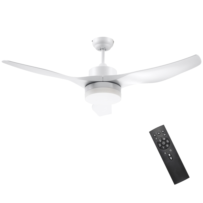 HOMCOM Ventilateur plafond avec lumière et télécommande 20,5 W, 6 vitesses 3 couleurs d'éclairage et minuterie, 132 cm, blanc