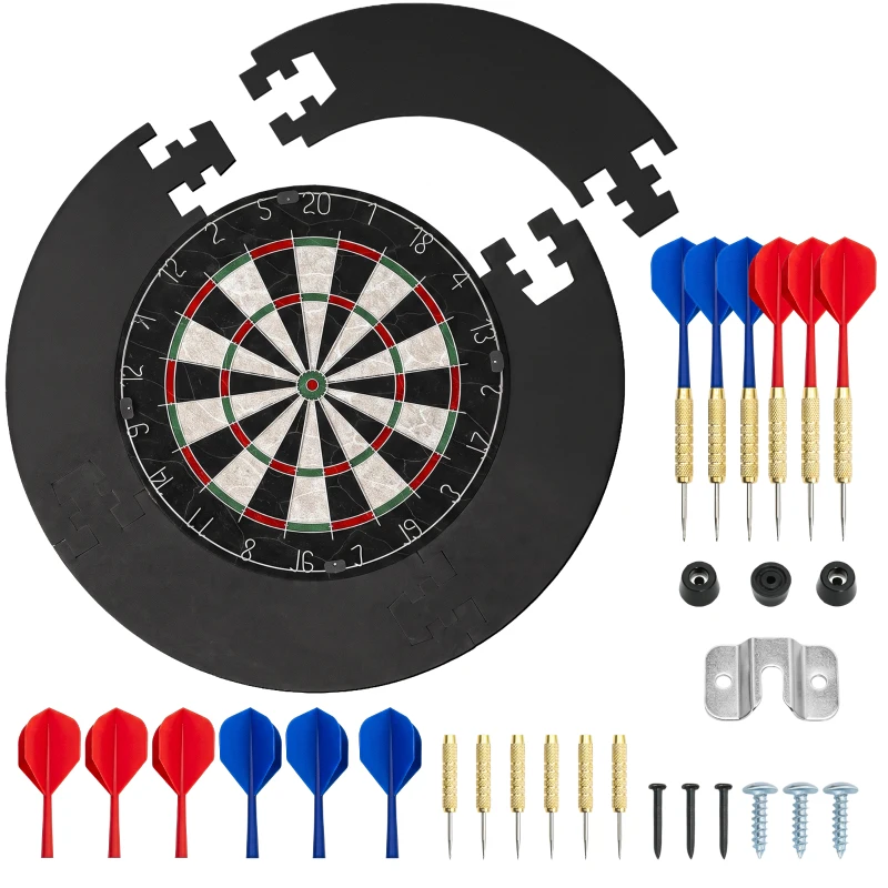 SPORTNOW Dartscheibe Dartboard-Set mit Schutzring, 6 Dartpfeile mit Stahlspitzen, Sisal, Kunststoff, Schwarz