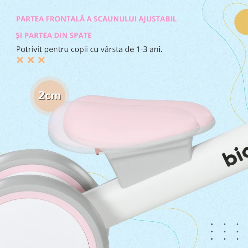 AIYAPLAY Bicicletă de echilibru pentru copii 4 roți șa reglabilă, ghidon ergonomic aliaj aluminiu PP, copii 1-3 ani - Gri Alb Roz