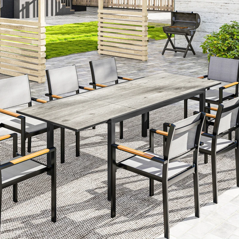 Outsunny Uitschuifbare Eettafel voor 6-8 Personen, Verstelbare Outdoor Tafel van Aluminium, Staal, Kunststof met Houteffect, Grijs