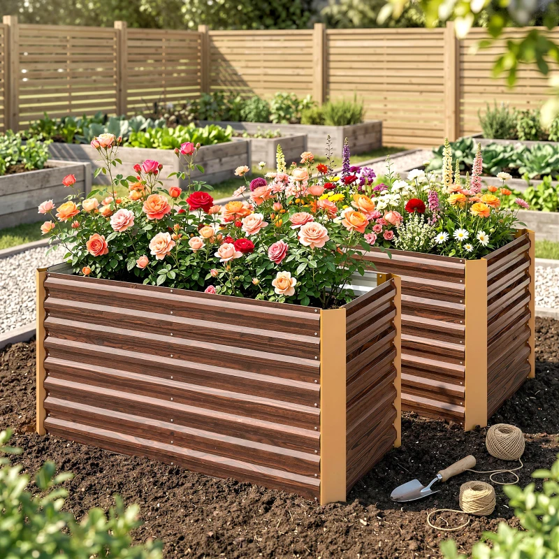 Outsunny Hoogbed set van 2, plantenbak, extra diep, metaal, 120 x 60 x 60 cm Bruin