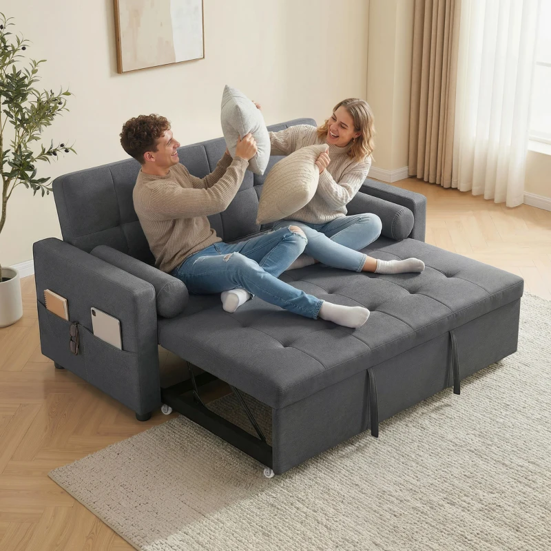 HOMCOM Canapé convertible 2 places 3 en 1 canapé-lit avec lit gigogne double dossier réglable 2 coussins 80,5x137,5x84cm gris