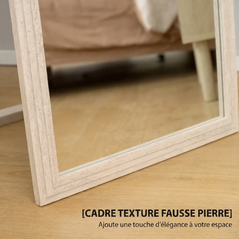 HOMCOM Miroir sur Pied Rectangulaire 160 x 50 cm, Cadre Texturé à Effet Pierre, Angle d'Inclinaison Réglable, Blanc