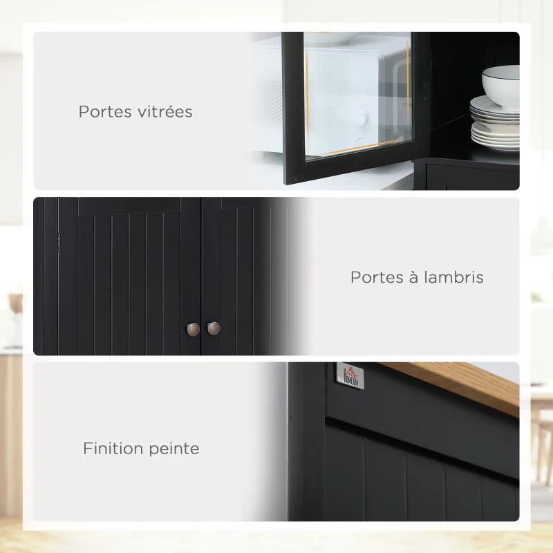 HOMCOM Buffet meuble cuisine rangement armoire de cuisine 4 portes dont 2 portes vitrées et 1 tiroir étagères réglables - noir