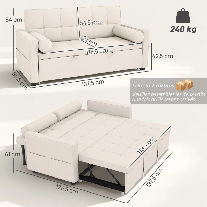 HOMCOM Canapé convertible 2 places 3 en 1 canapé-lit avec lit gigogne double dossier réglable 2 coussins 80,5x137,5x84cm beige