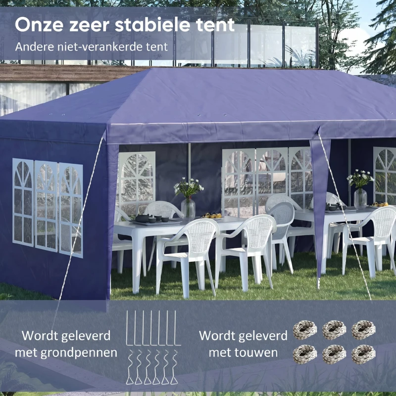 Outsunny Opklapbare tuinpaviljoen van 6 x 3 m, halfopen, verwijderbare zijwanden, grote ramen, draagtas, stalen frame, blauw
