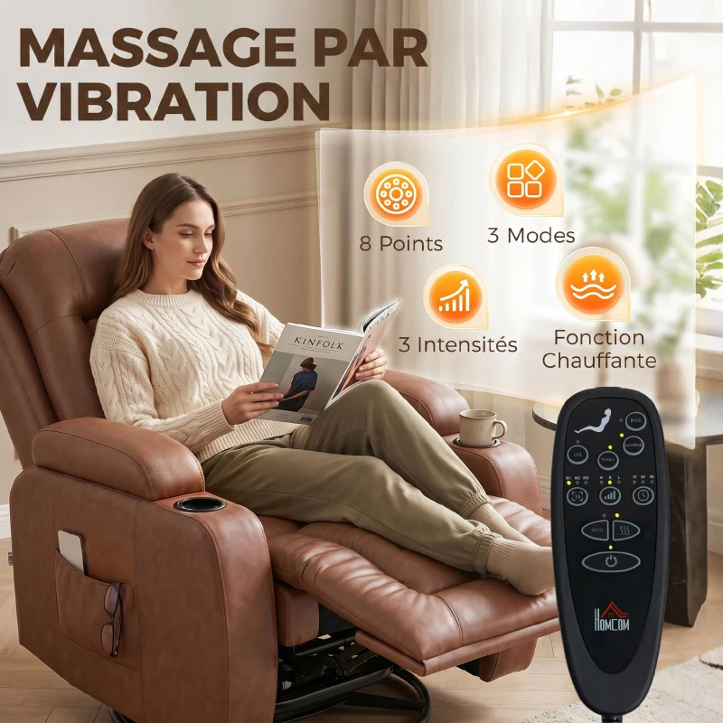 HOMCOM Fauteuil Inclinable de Massage et Chauffage, Fauteuil de Relaxation, Dossier Réglable, Pivotant, 82x99x103cm, Marron