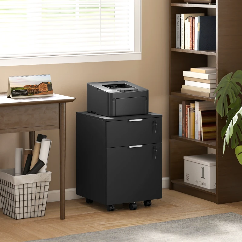 HOMCOM Schedario da Ufficio con 2 Cassetti, Serratura, Ruote a Freno, per Formato A4/Legale, 42x40x60 cm, Nero