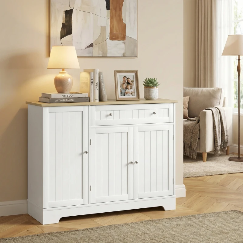 HOMCOM Aparador de Cocina Armario de Cocina 3 Estantes de Puerta Cajón Estantes Ajustables para Comedor 105x40x83 cm Blanco